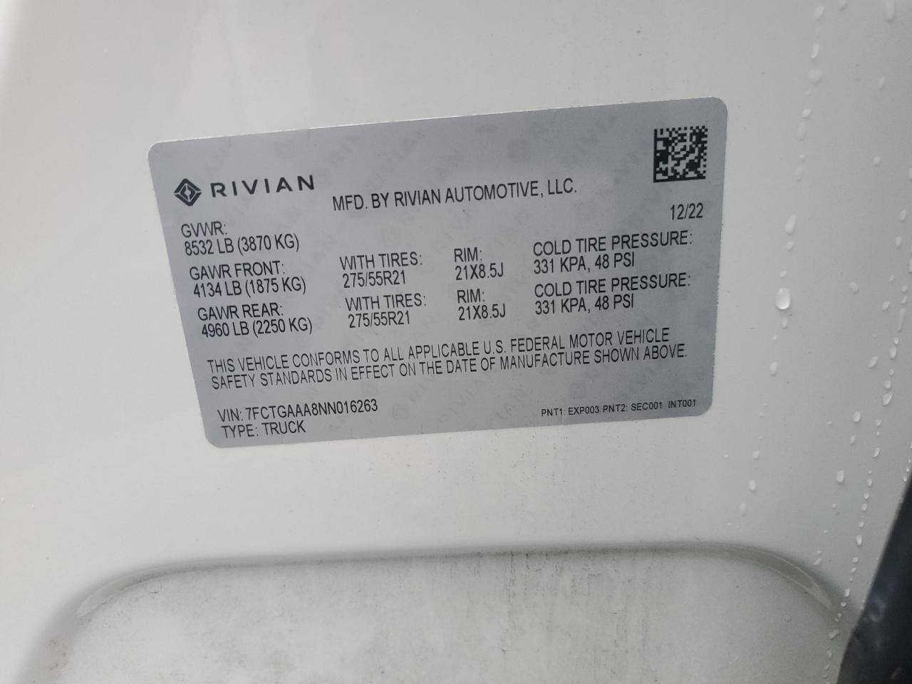 2022 RIVIAN R1T ADVENTURE VIN:7FCTGAAA8NN016263