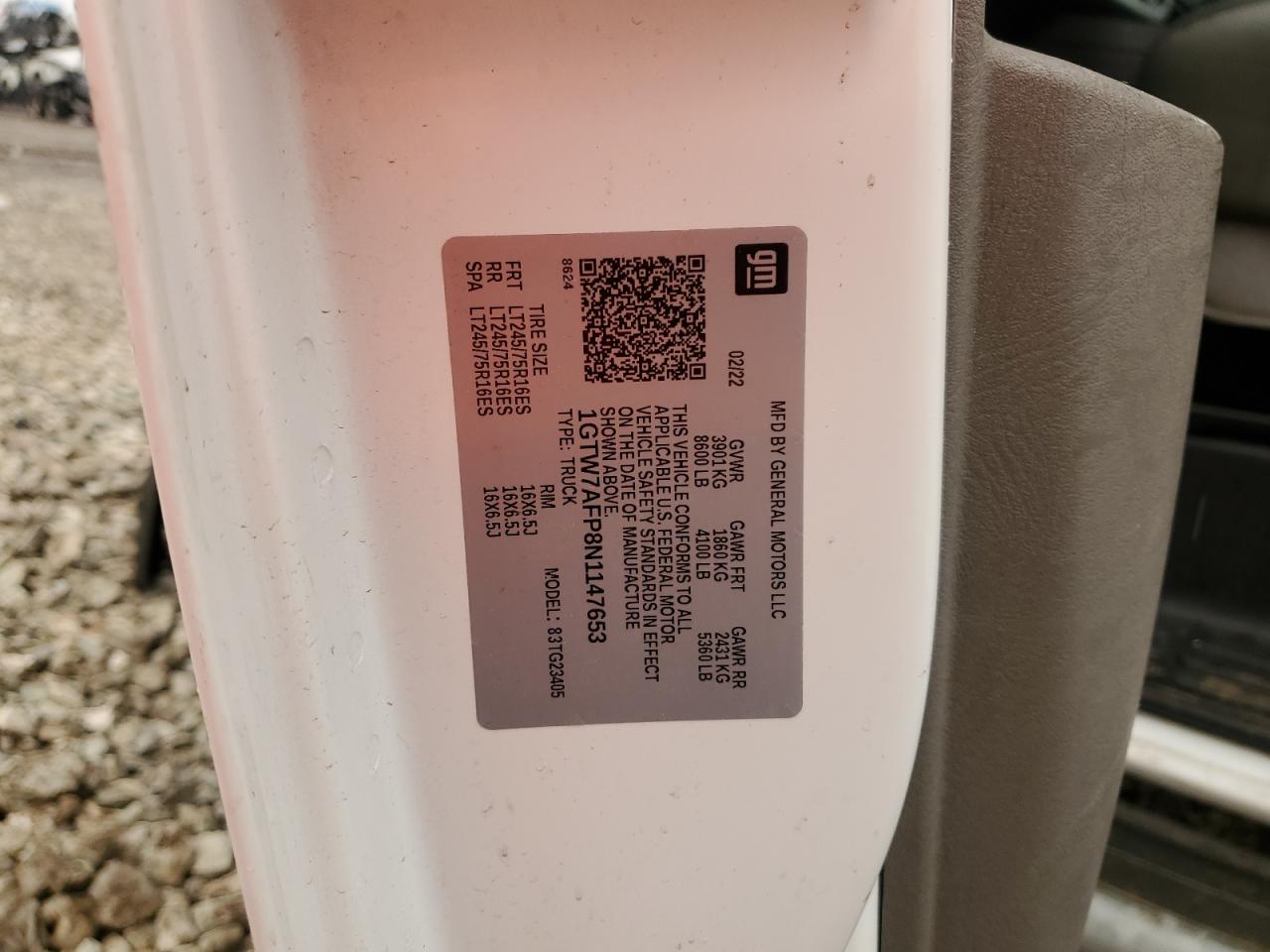 2022 GMC SAVANA G2500 VIN:1GTW7AFP8N1147653