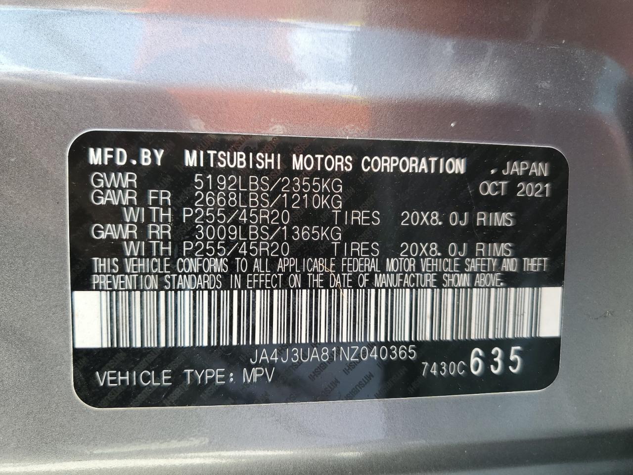 2022 MITSUBISHI OUTLANDER SE VIN:JA4J3UA81NZ040365