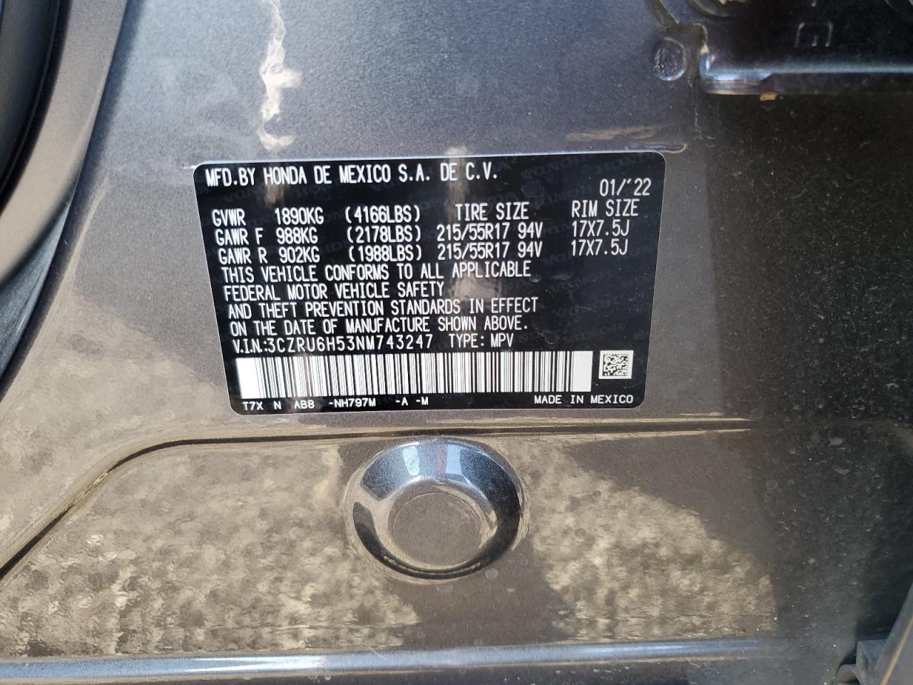 2022 HONDA HR-V EX VIN:3CZRU6H53NM743247