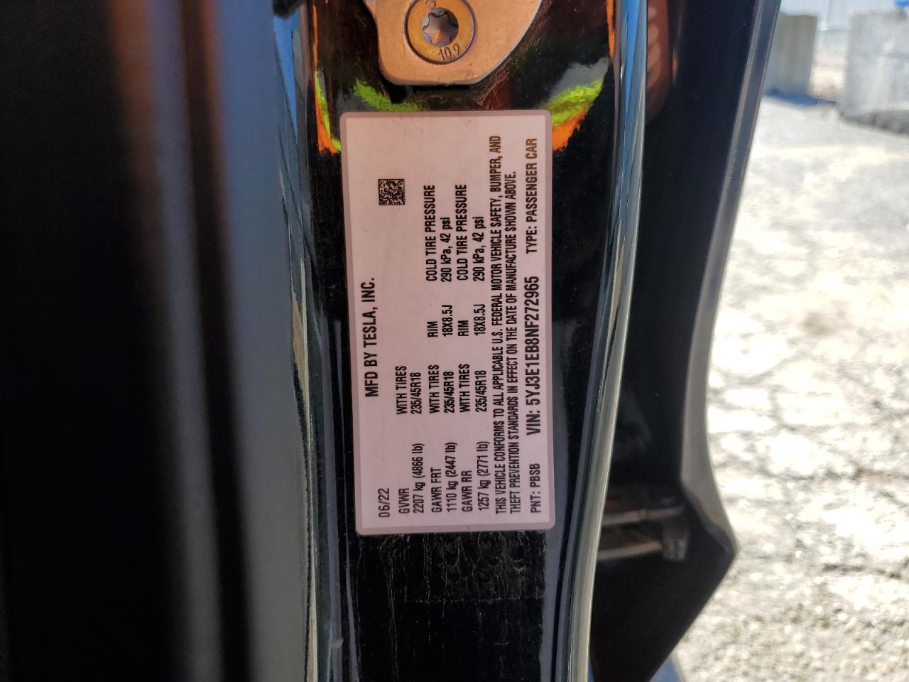 2022 TESLA MODEL 3  VIN:5YJ3E1EB8NF272965