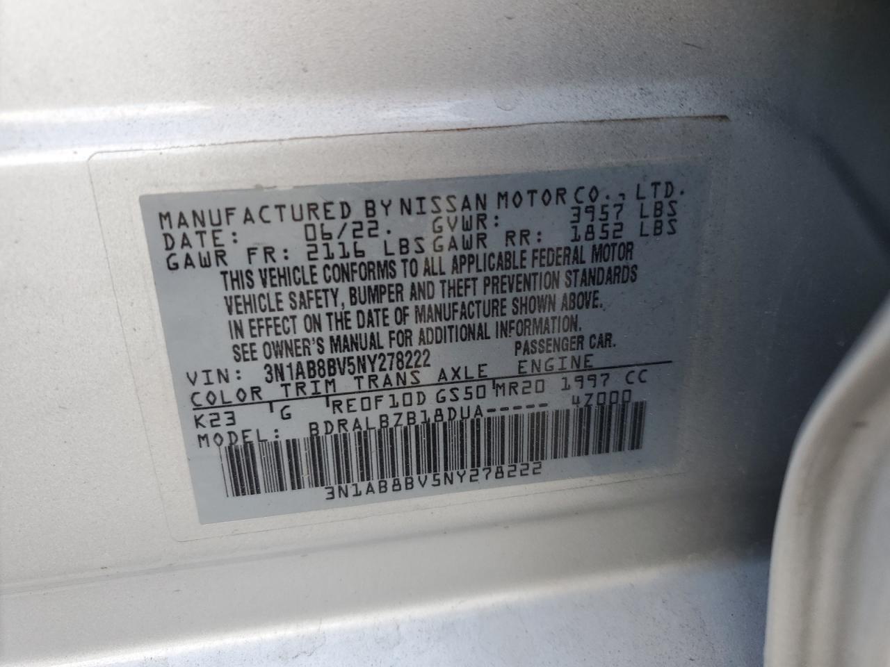 2022 NISSAN SENTRA S VIN:3N1AB8BV5NY278222