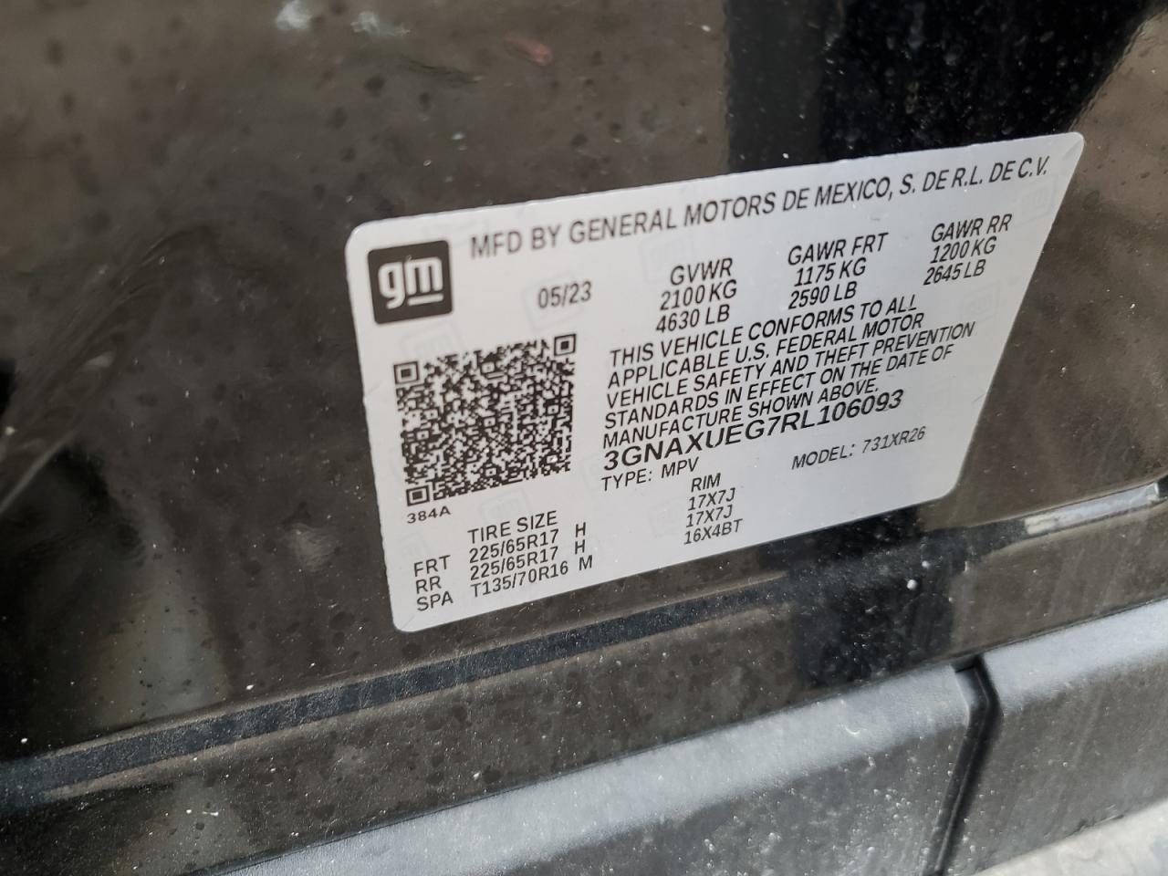 2024 CHEVROLET EQUINOX LT VIN:3GNAXUEG7RL106093