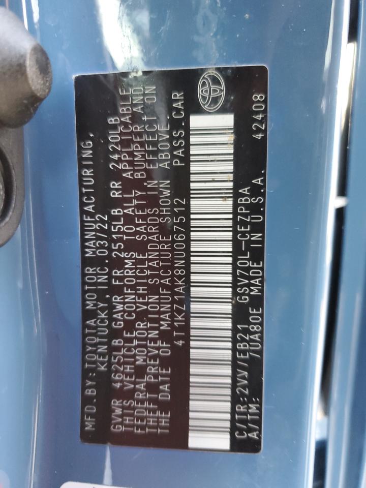 2022 TOYOTA CAMRY TRD VIN:4T1KZ1AK8NU067512