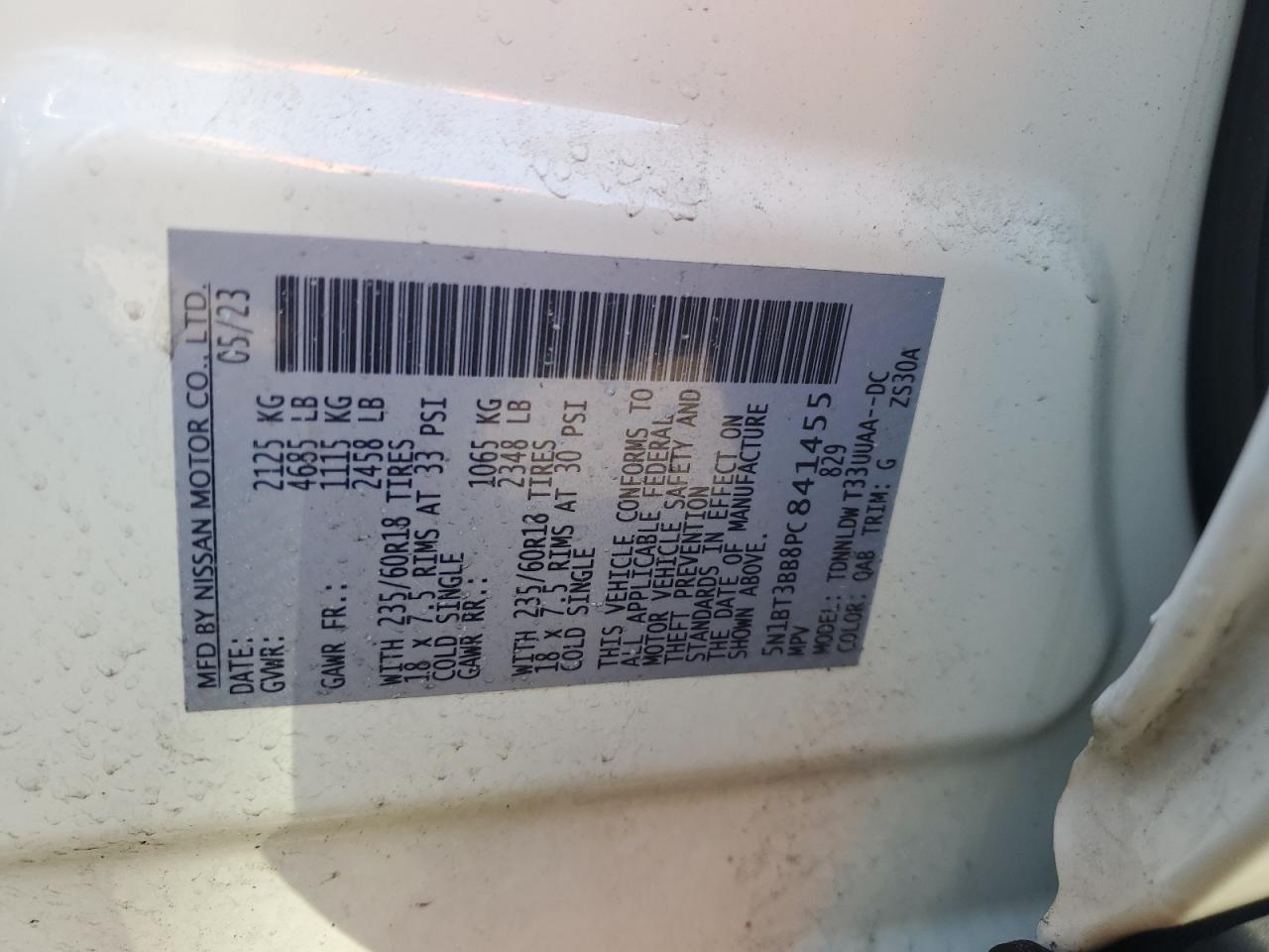 2023 NISSAN ROGUE SV VIN:5N1BT3BB8PC841455