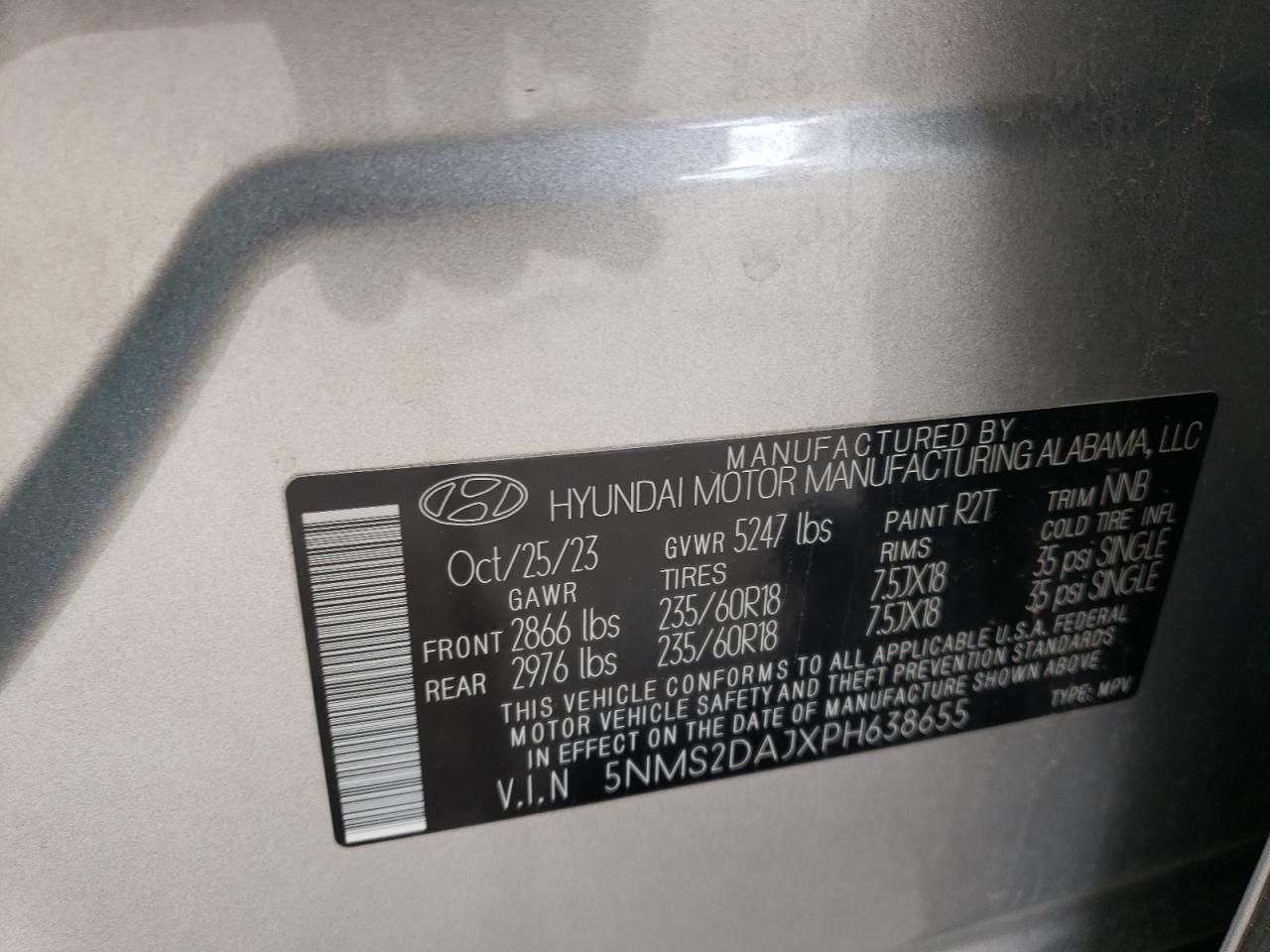 2023 HYUNDAI SANTA FE SEL VIN:5NMS2DAJXPH638655