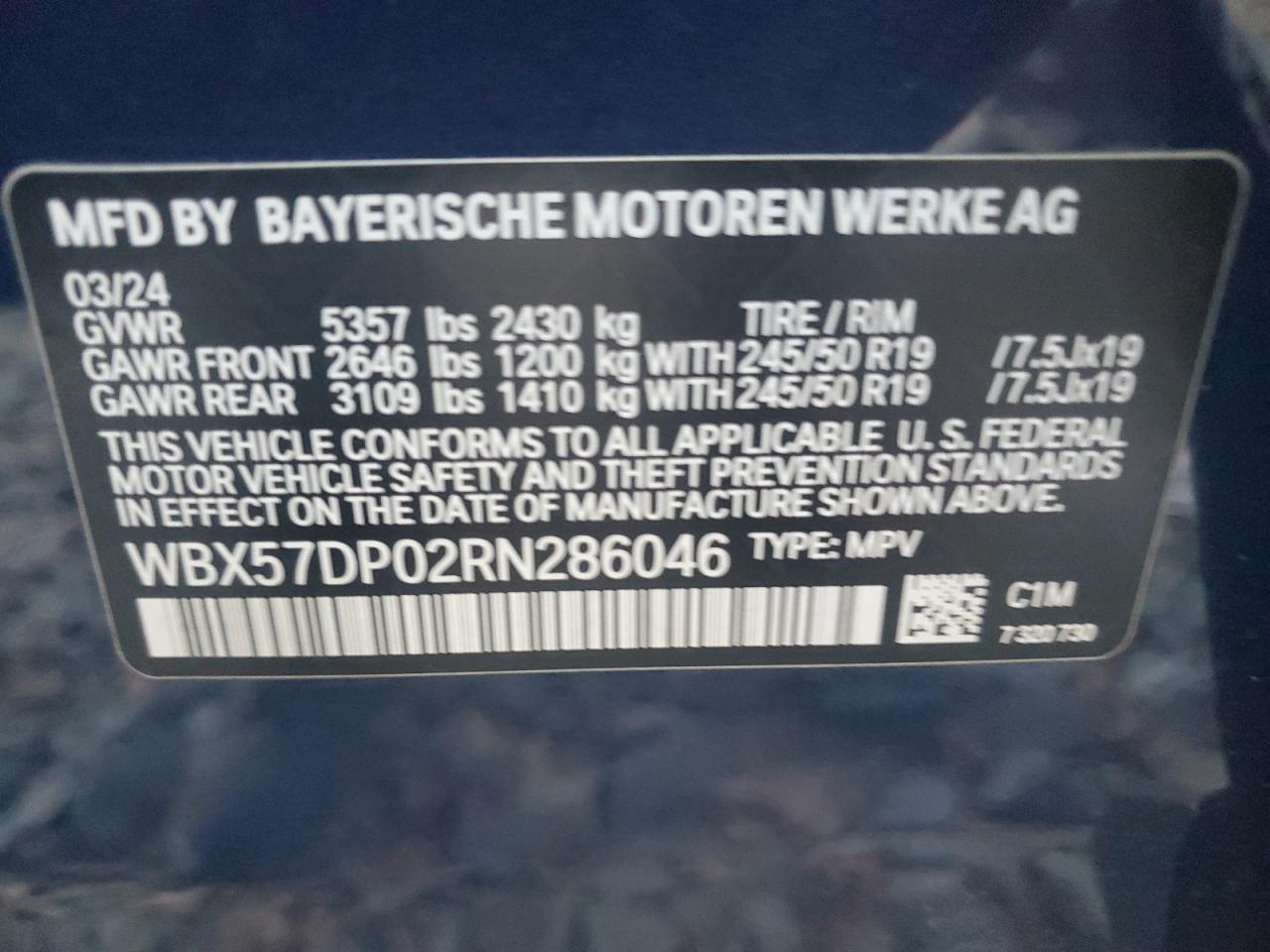 2024 BMW X3 XDRIVE30I VIN:WBX57DP02RN286046