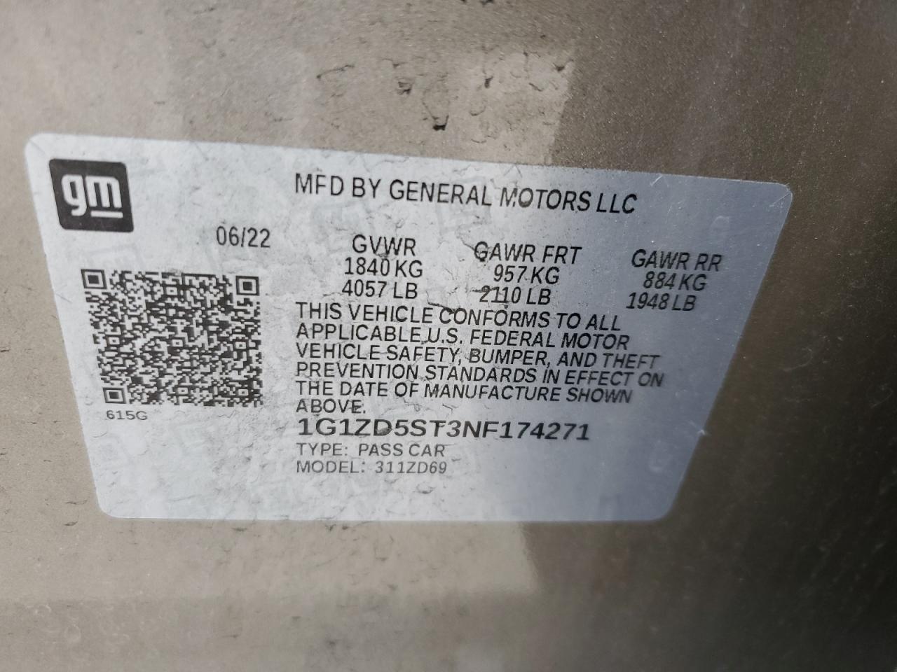 2022 CHEVROLET MALIBU LT VIN:1G1ZD5ST3NF174271