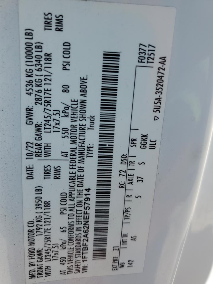 2022 FORD F250 SUPER DUTY VIN:1FTBF2A62NEF57914