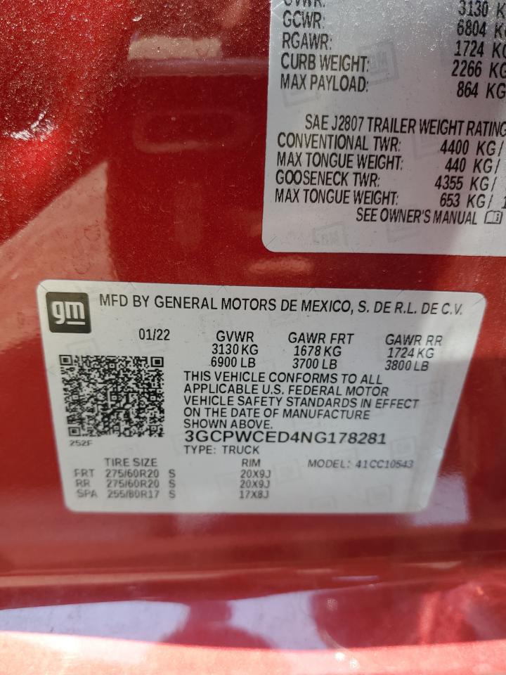 2022 CHEVROLET SILVERADO LTD C1500 LT VIN:3GCPWCED4NG178281