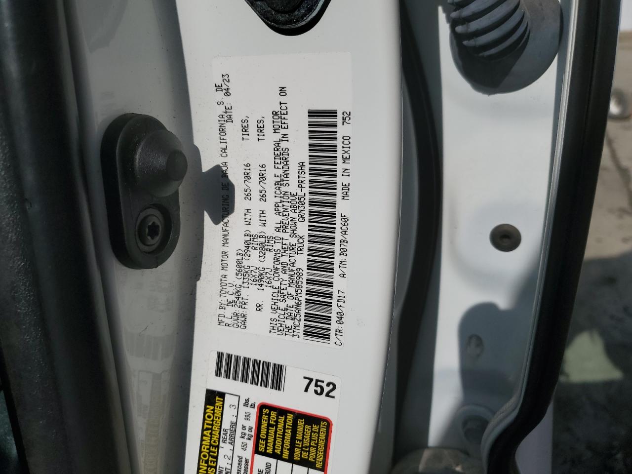 2023 TOYOTA TACOMA DOUBLE CAB VIN:3TMCZ5AN6PM585989