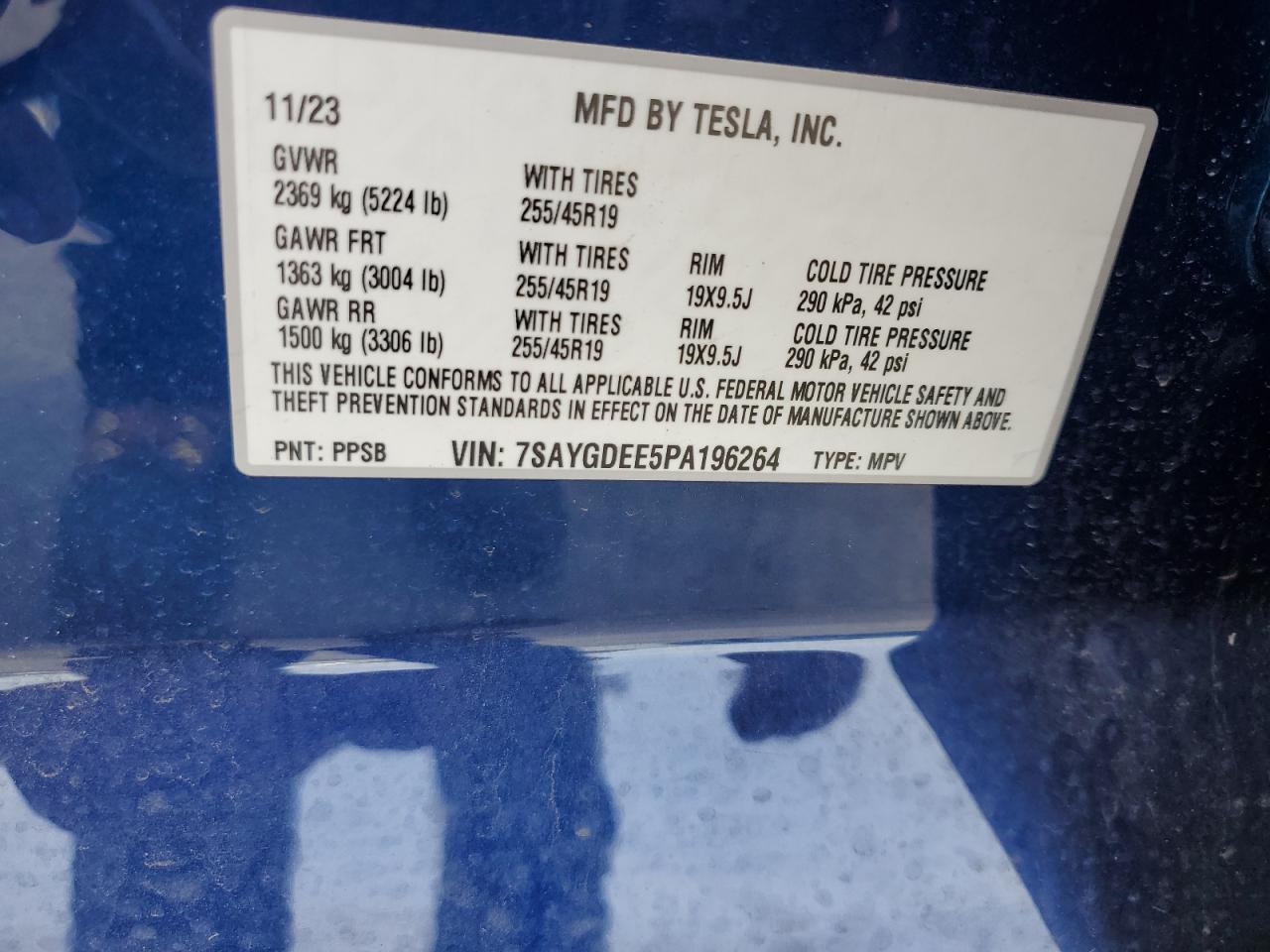 2023 TESLA MODEL Y  VIN:7SAYGDEE5PA196264