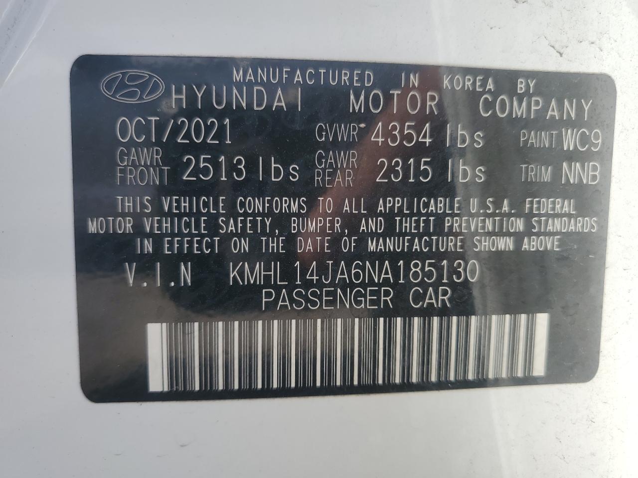 2022 HYUNDAI SONATA SEL VIN:KMHL14JA6NA185130