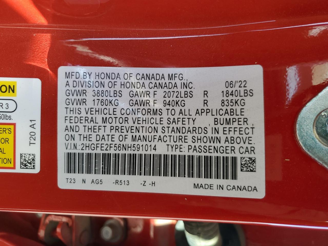 2022 HONDA CIVIC SPORT VIN:2HGFE2F56NH591014