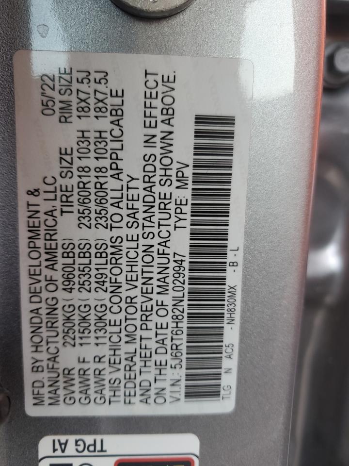 2022 HONDA CR-V EXL VIN:5J6RT6H82NL029947