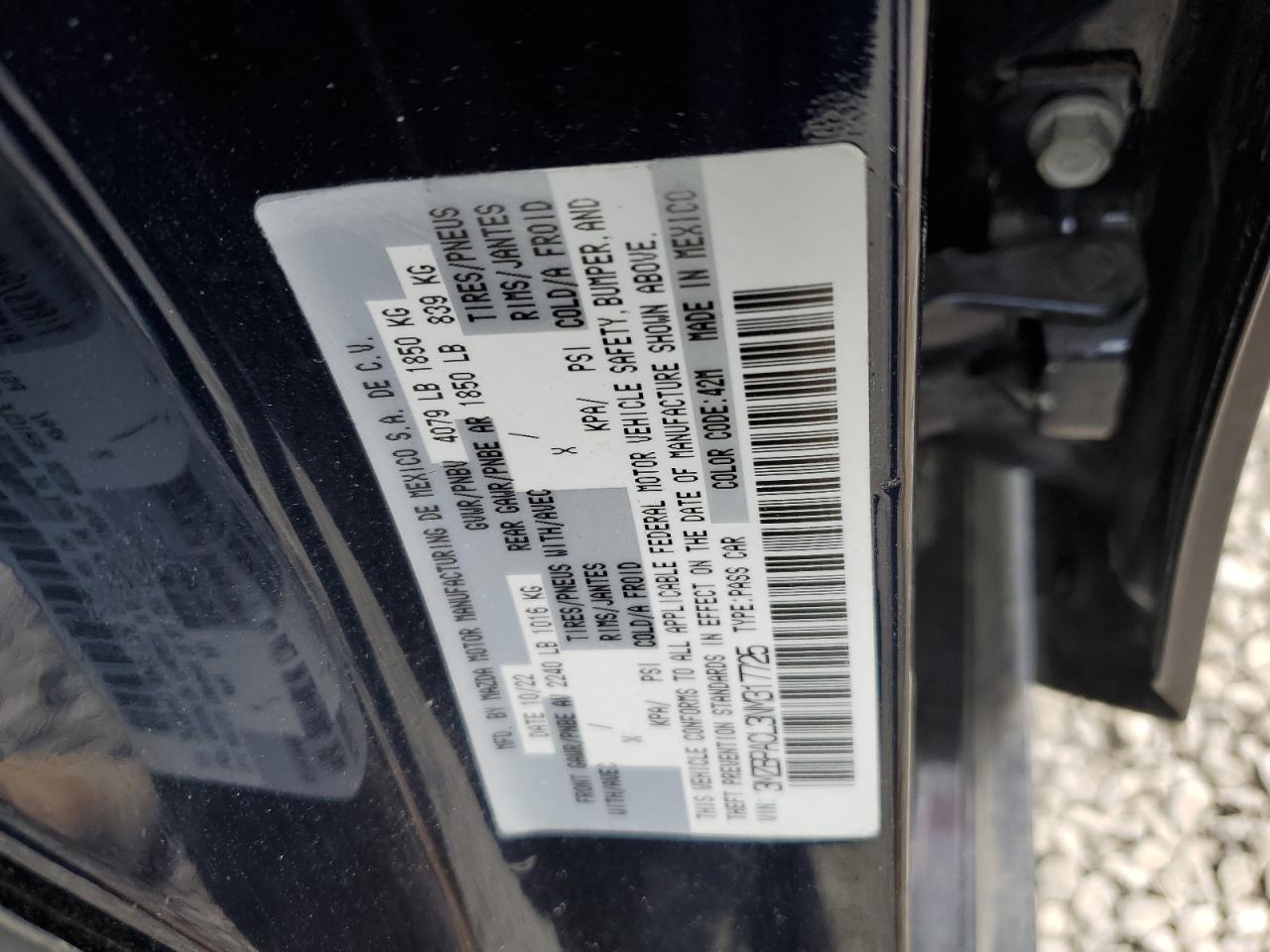 2022 MAZDA 3 PREFERRED VIN:3MZBPACL3NM317725