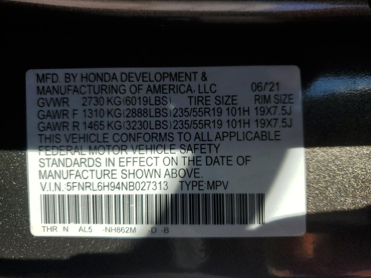2022 HONDA ODYSSEY ELITE VIN:5FNRL6H94NB027313