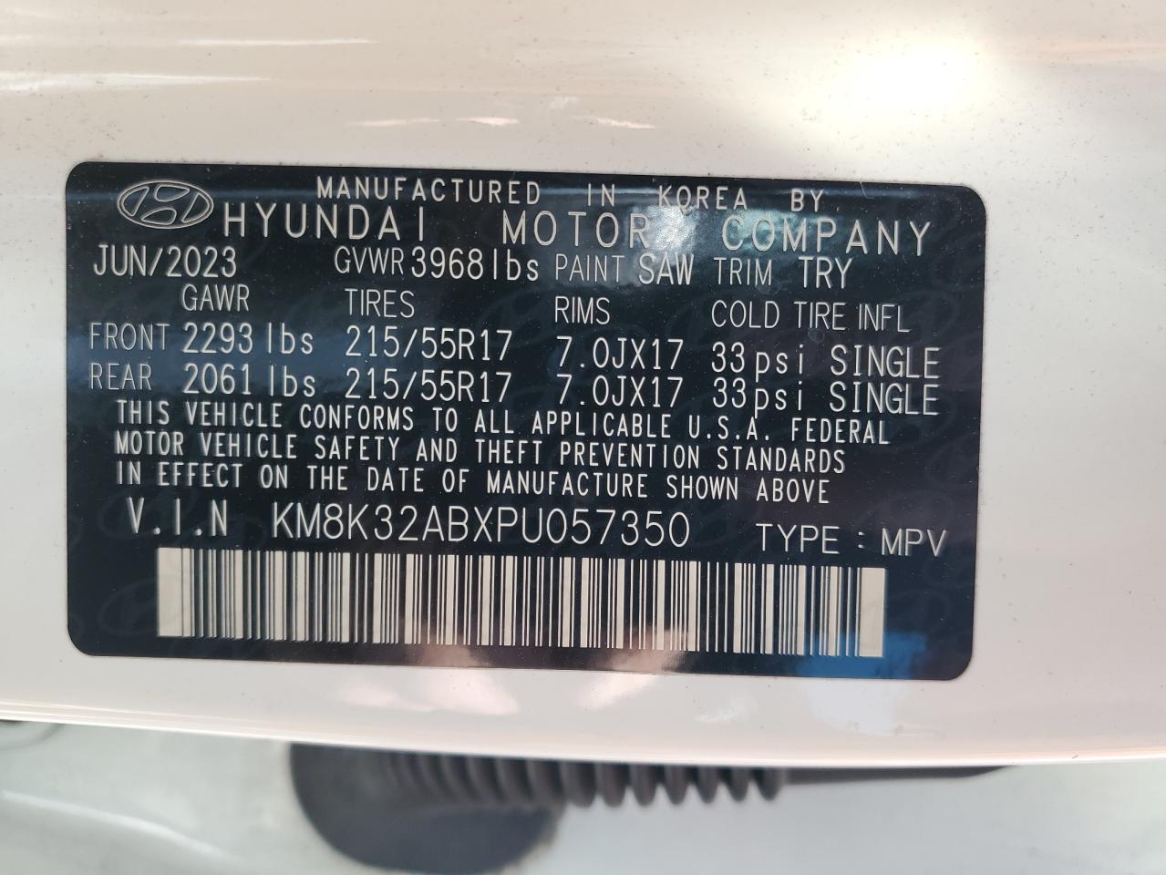 2023 HYUNDAI KONA SEL VIN:KM8K32ABXPU057350