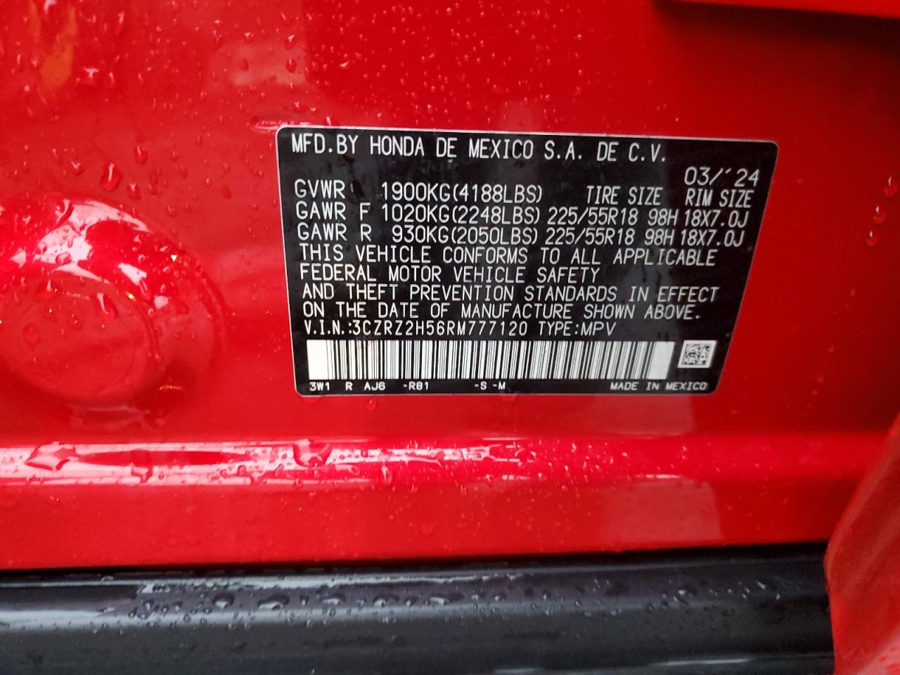 2024 HONDA HR-V SPORT VIN:3CZRZ2H56RM777120