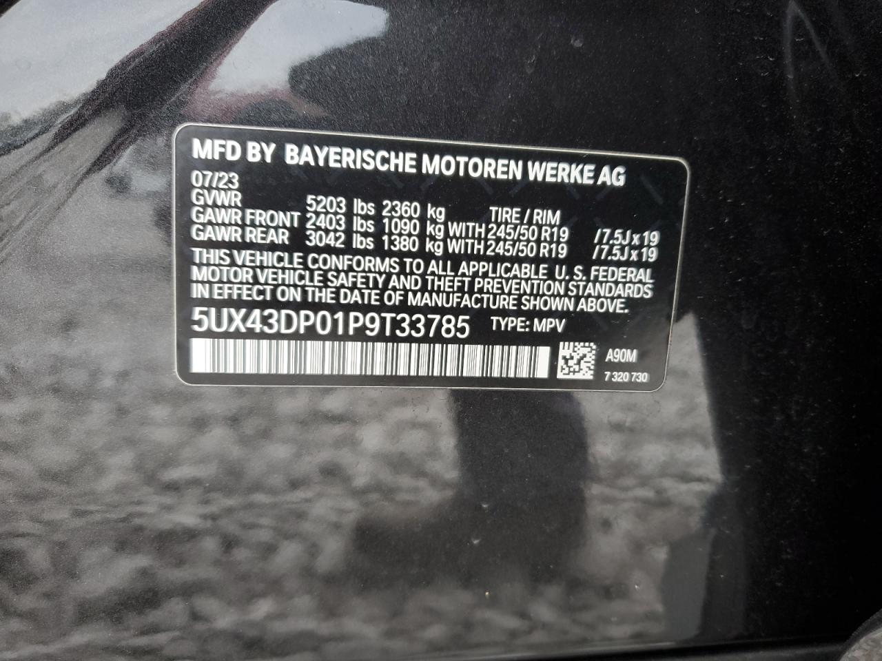 2023 BMW X3 SDRIVE30I VIN:5UX43DP01P9T33785