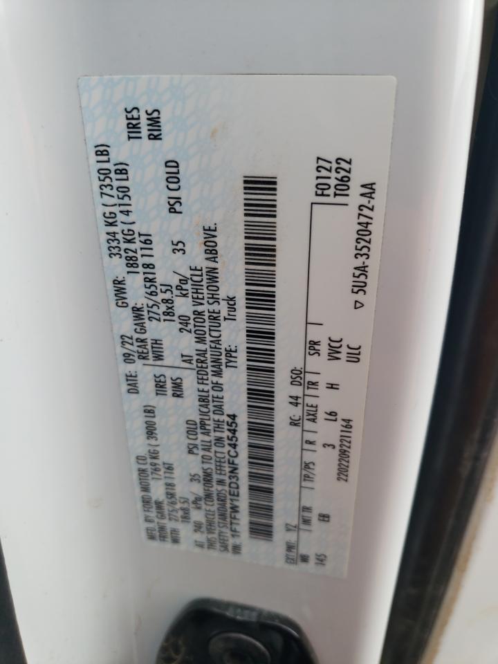 2022 FORD F150 SUPERCREW VIN:1FTFW1ED3NFC45454