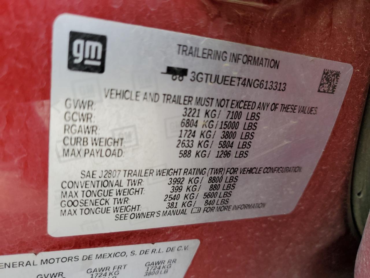 2022 GMC SIERRA K1500 AT4 VIN:3GTUUEET4NG613313
