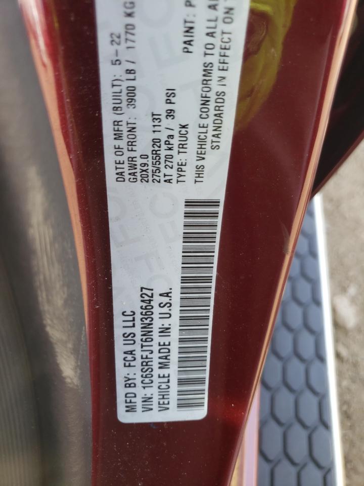 2022 RAM 1500 LARAMIE VIN:1C6SRFJT6NN366427