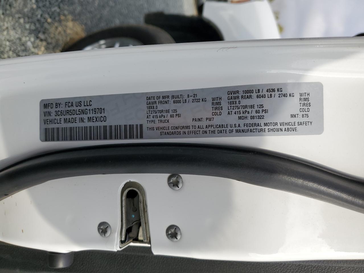 2022 RAM 2500 BIG HORN/LONE STAR VIN:3C6UR5DL5NG119701