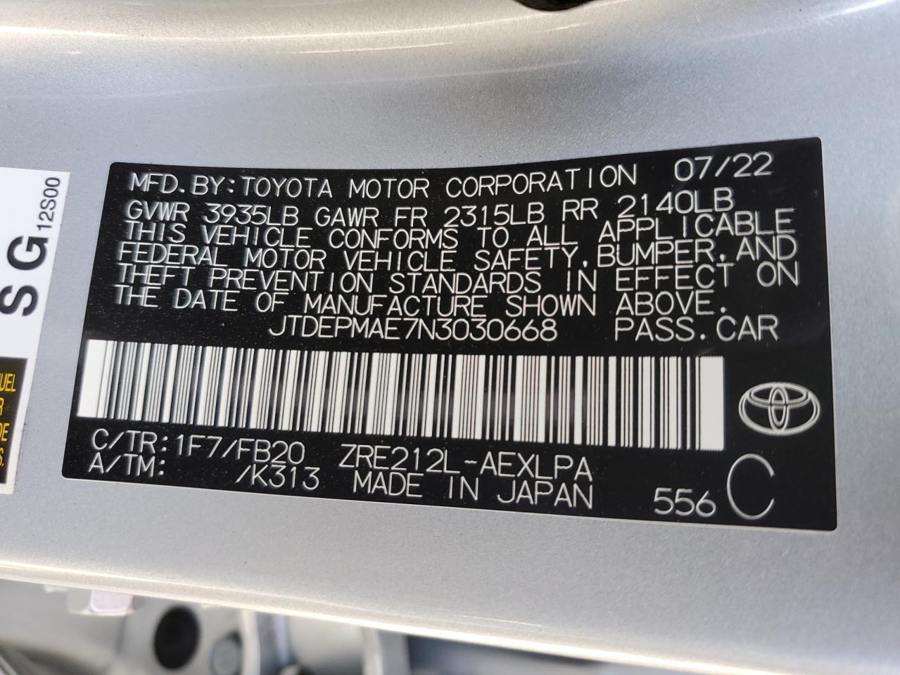 2022 TOYOTA COROLLA LE VIN:JTDEPMAE7N3030668