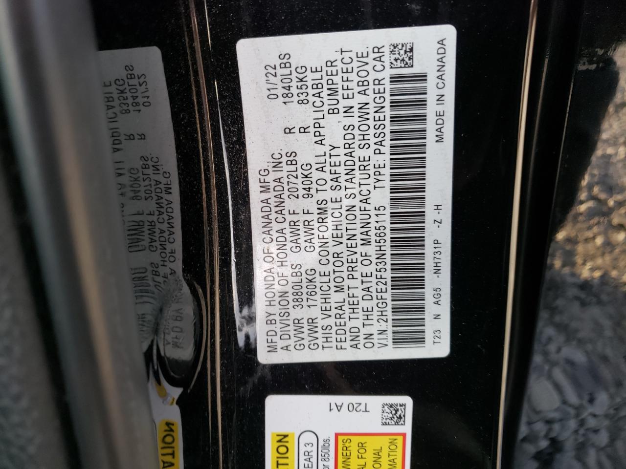 2022 HONDA CIVIC SPORT VIN:2HGFE2F53NH565115