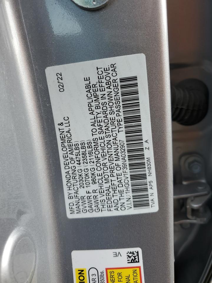 2022 HONDA ACCORD SPORT VIN:1HGCV1F39NA032907