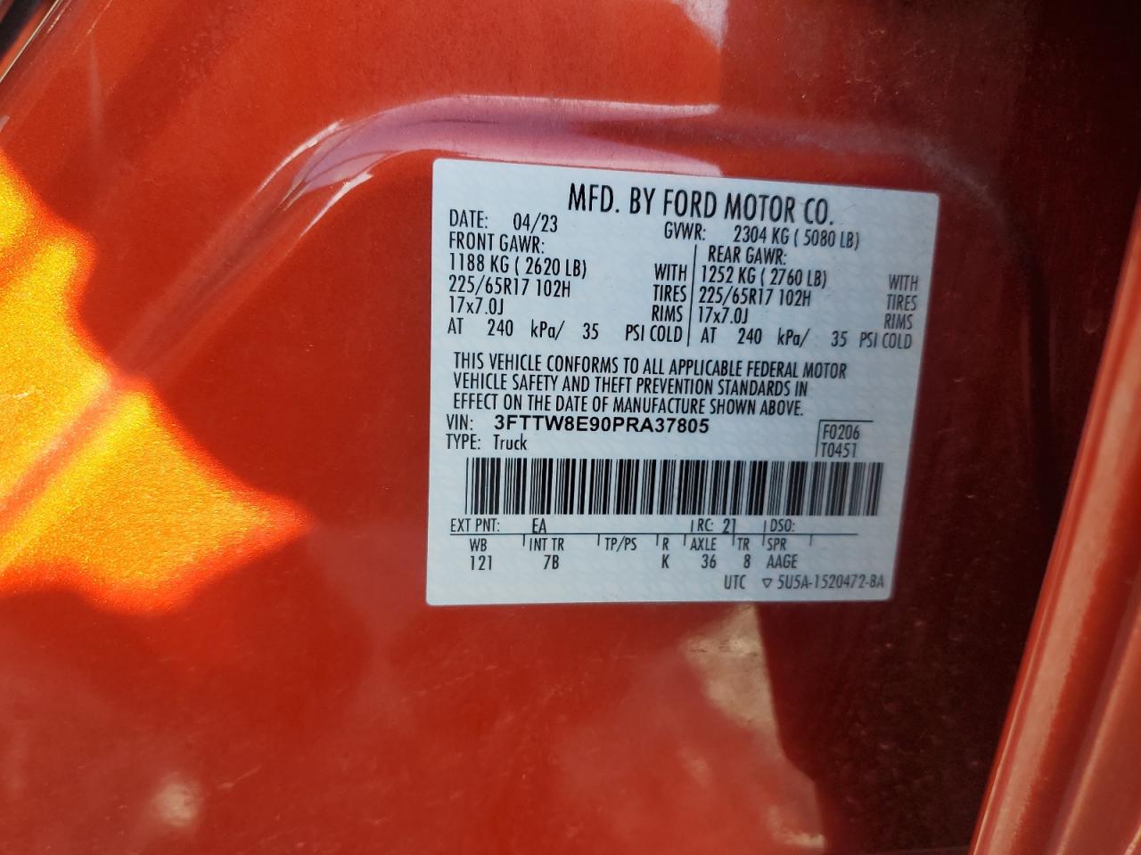 2023 FORD MAVERICK XL VIN:3FTTW8E90PRA37805