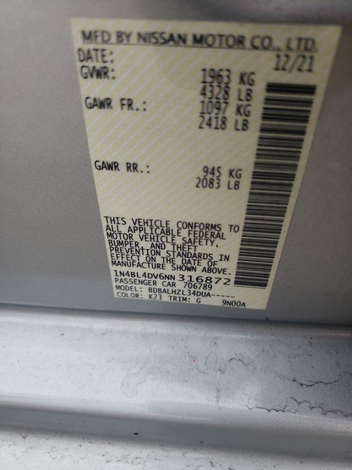 2022 NISSAN ALTIMA SV VIN:1N4BL4DV6NN316872