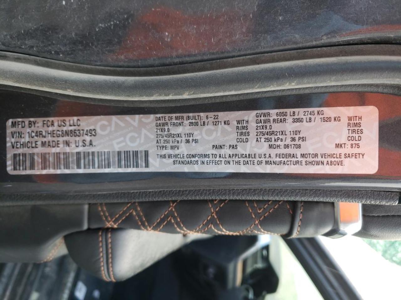 2022 JEEP GRAND CHEROKEE SUMMIT VIN:1C4RJHEG8N8637493