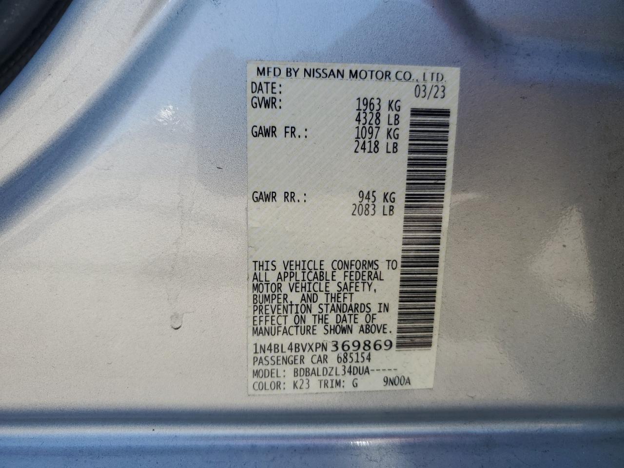 2023 NISSAN ALTIMA S VIN:1N4BL4BVXPN369869