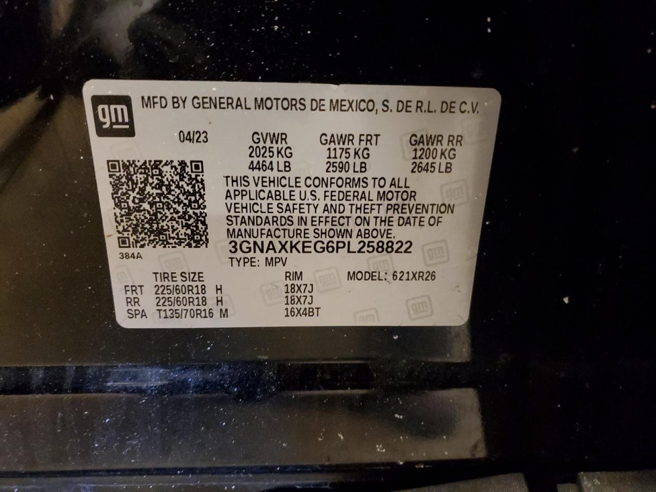 2023 CHEVROLET EQUINOX LT VIN:3GNAXKEG6PL258822