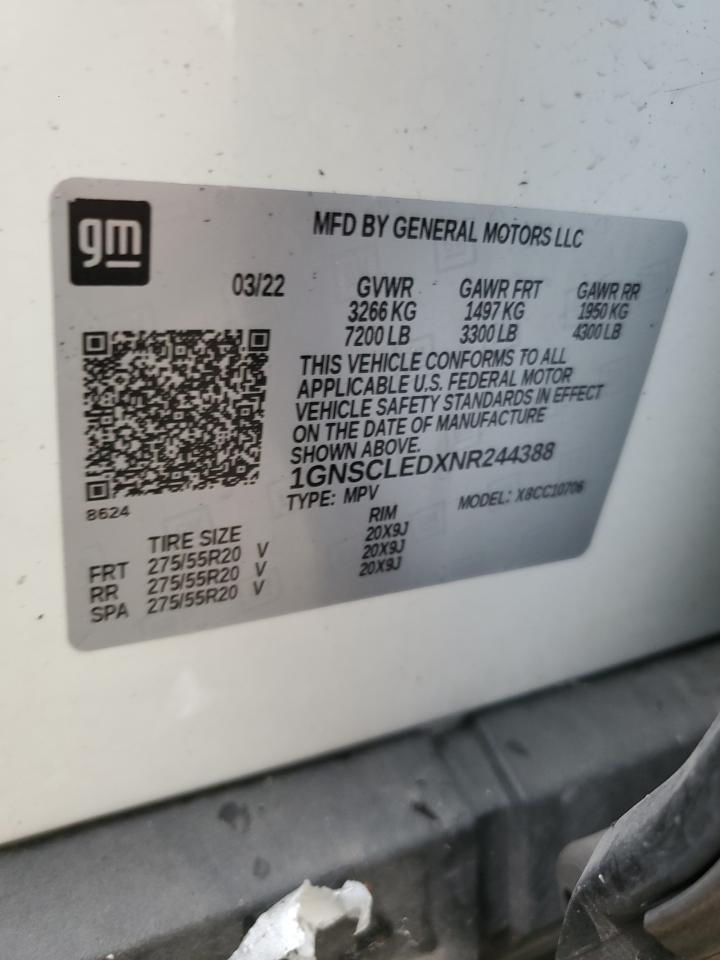 2022 CHEVROLET TAHOE C1500 VIN:1GNSCLEDXNR244388