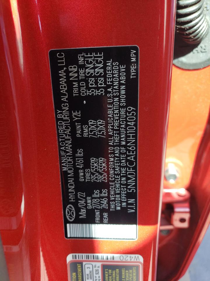 2022 HYUNDAI TUCSON SEL VIN:5NMJFCAE6NH104059
