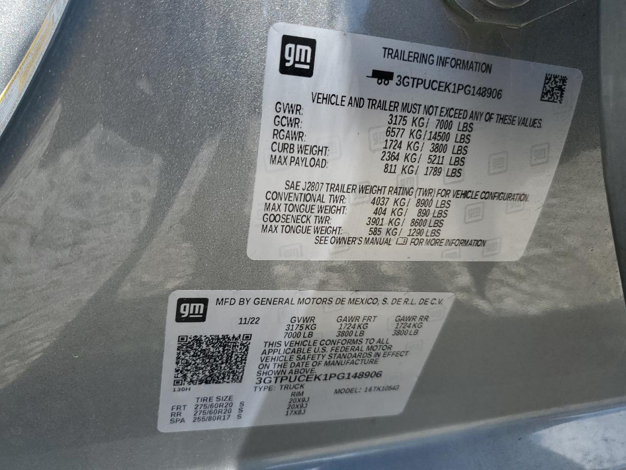 2023 GMC SIERRA K1500 ELEVATION VIN:3GTPUCEK1PG148906