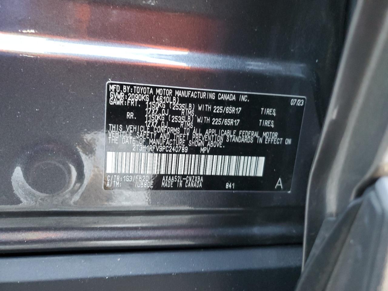 2023 TOYOTA RAV4 LE VIN:2T3H1RFV9PC240789