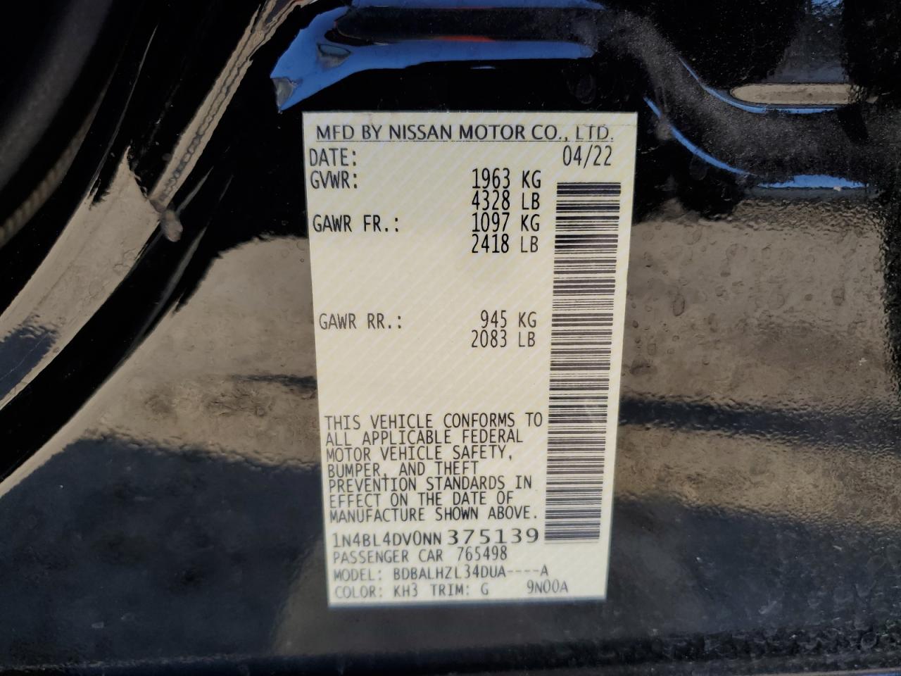 2022 NISSAN ALTIMA SV VIN:1N4BL4DV0NN375139