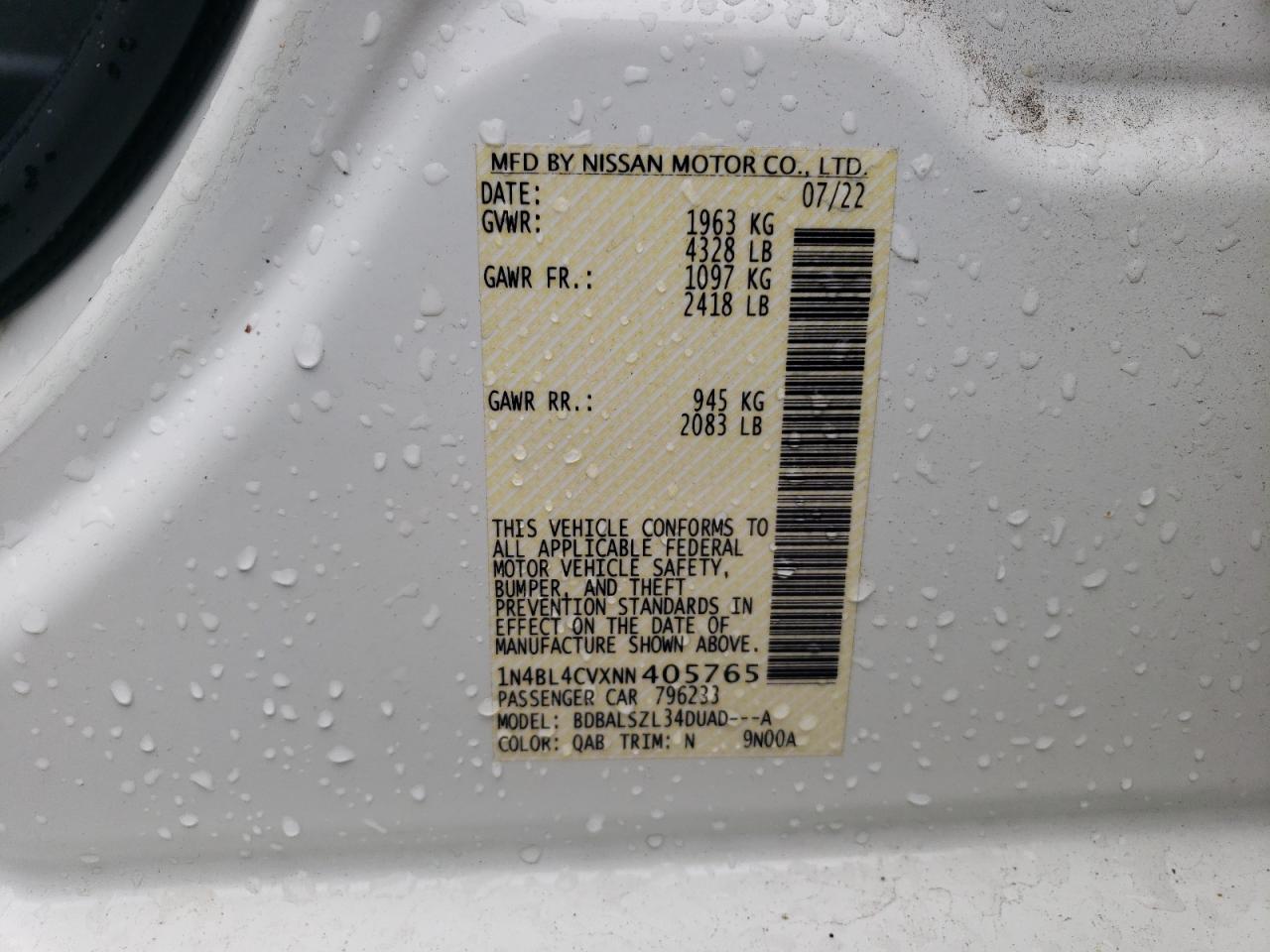 2022 NISSAN ALTIMA SR VIN:1N4BL4CVXNN405765