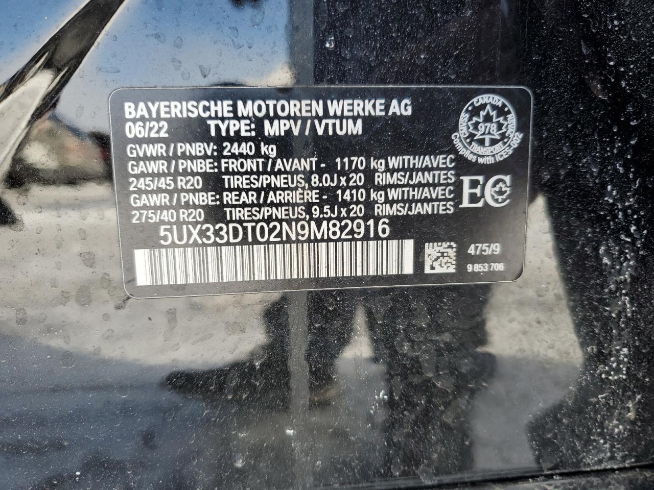 2022 BMW X4 XDRIVE30I VIN:5UX33DT02N9M82916