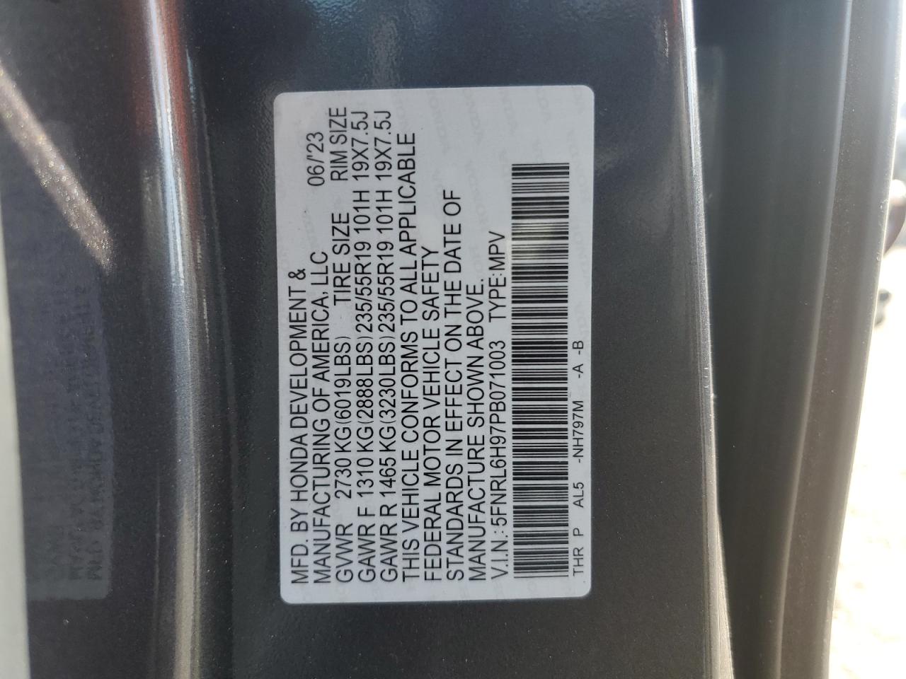2023 HONDA ODYSSEY ELITE VIN:5FNRL6H97PB071003