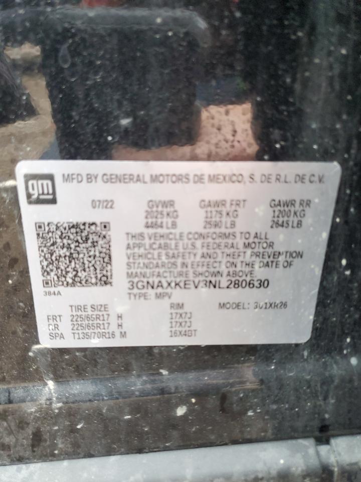 2022 CHEVROLET EQUINOX LT VIN:3GNAXKEV3NL280630