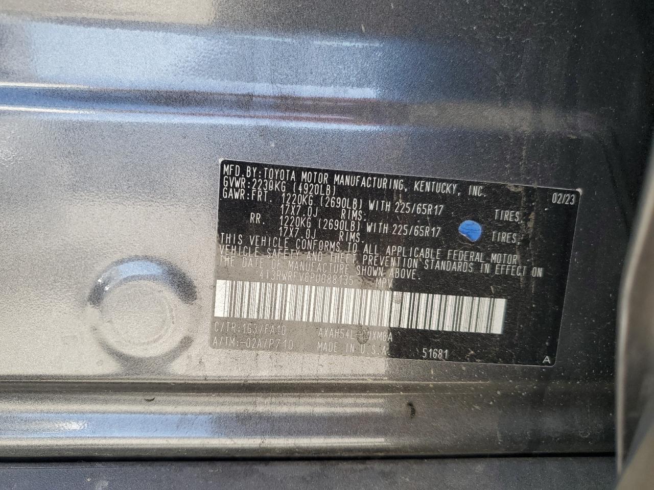 2023 TOYOTA RAV4 XLE VIN:4T3RWRFV6PU088135