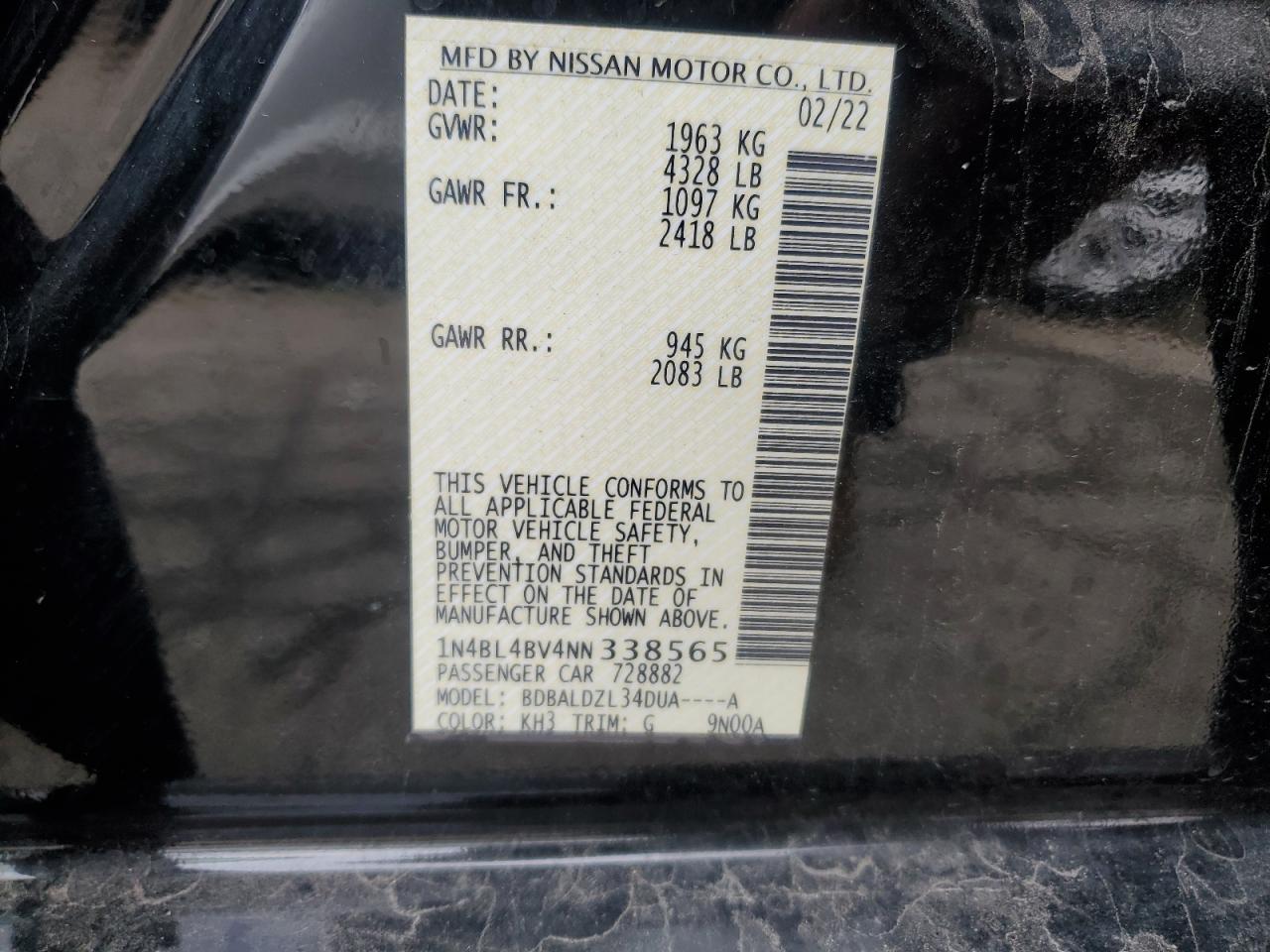 2022 NISSAN ALTIMA S VIN:1N4BL4BV4NN338565