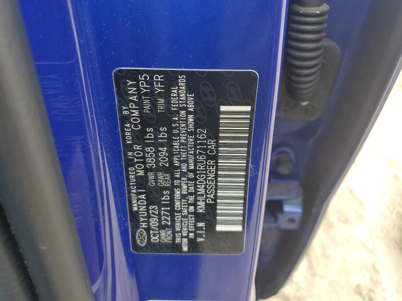 2024 HYUNDAI ELANTRA SEL VIN:KMHLM4DG1RU671162