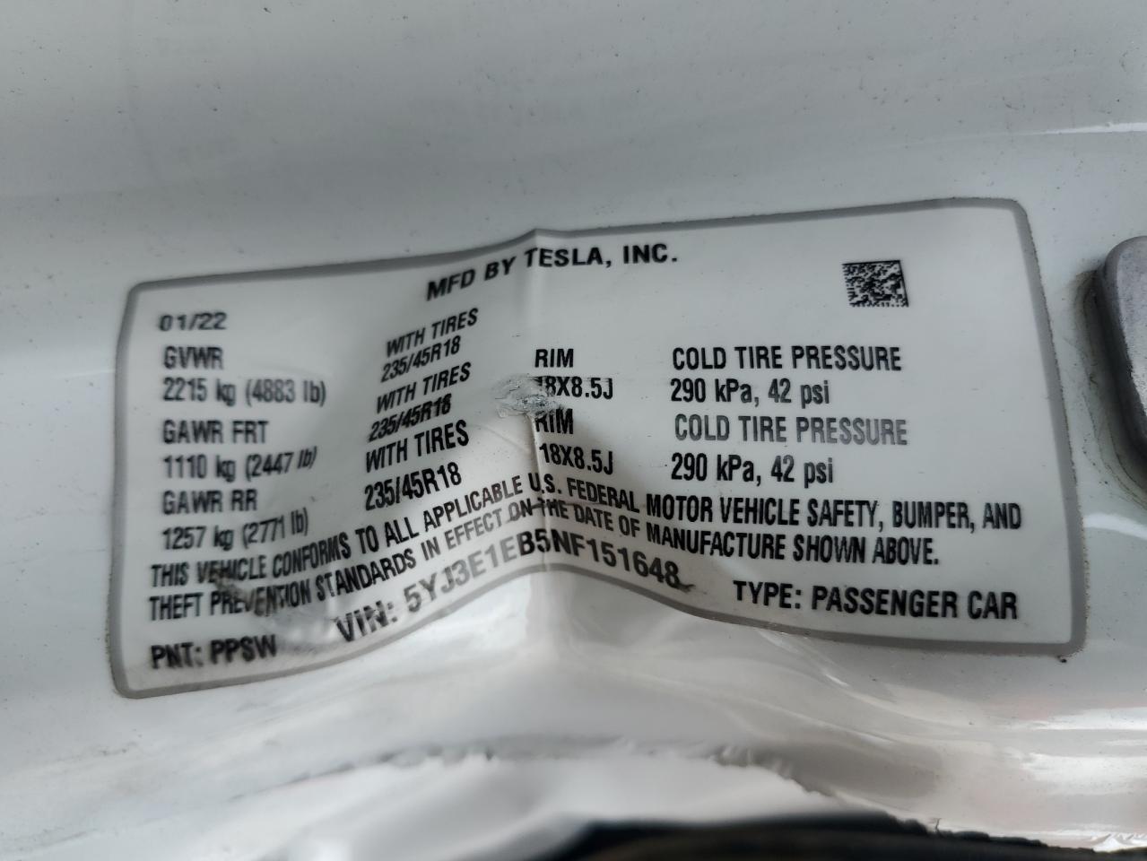 2022 TESLA MODEL 3  VIN:5YJ3E1EB5NF151648