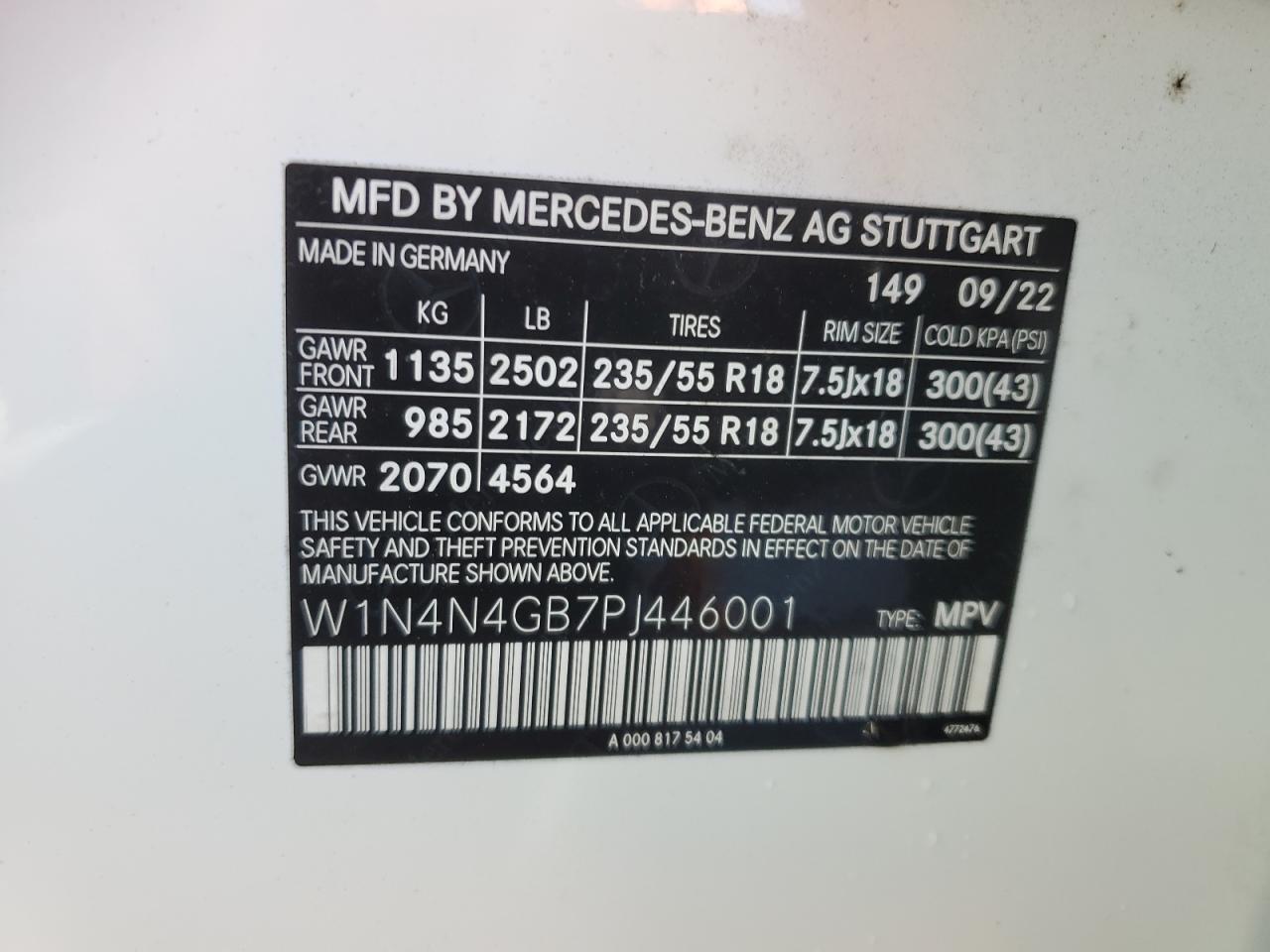 2023 MERCEDES-BENZ GLA 250 VIN:W1N4N4GB7PJ446001